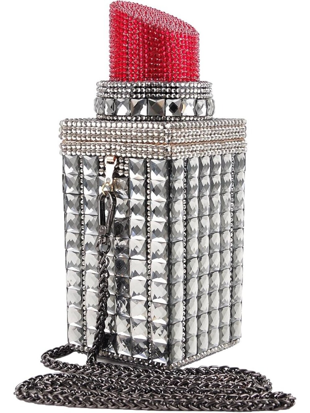 Women's Dark Gray Lipstick Shape Crystal Glitter Clutch Sparkly Banquet Purse
